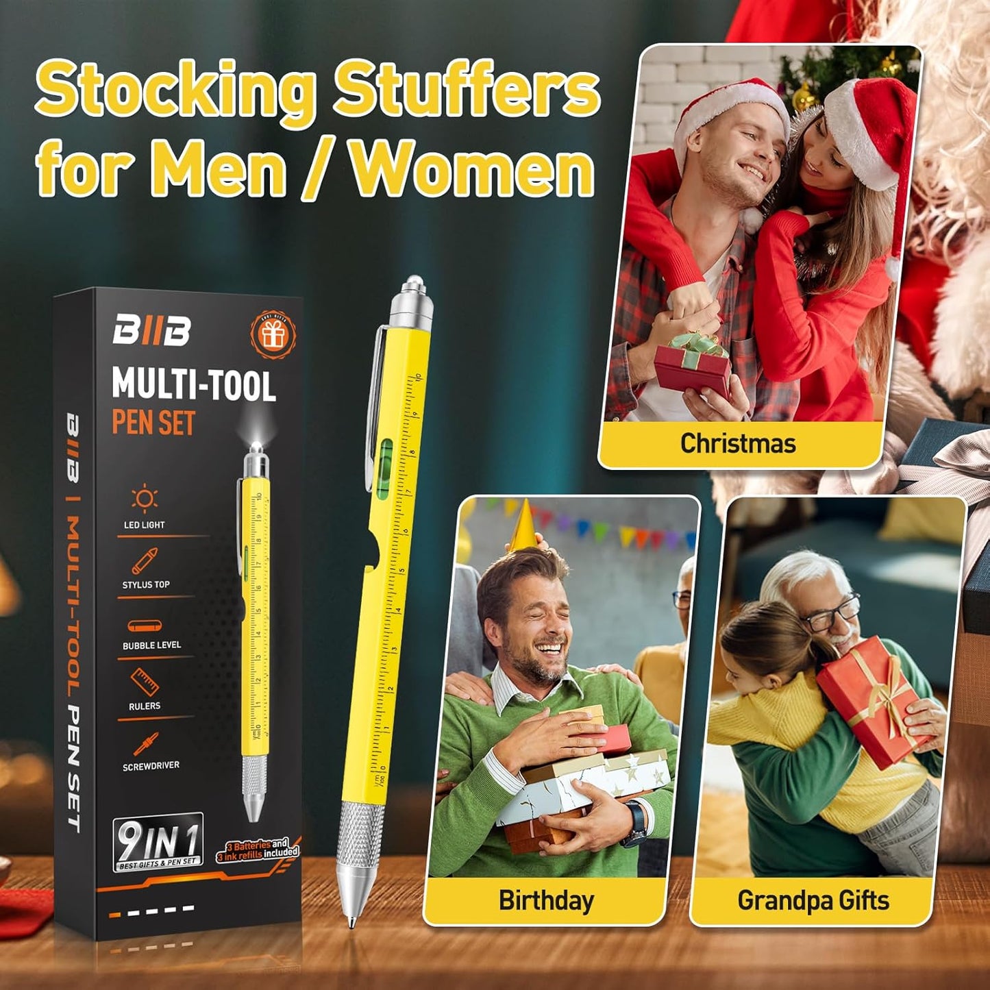 Stocking Stuffers for Adults Men, Gifts for Men, 9 in 1 Multitool Pen Mens Gifts for Christmas, Stocking Stuffers for Him, Gifts for Dad Him, White Elephant Gifts for Adults, Cool Gadgets for Men