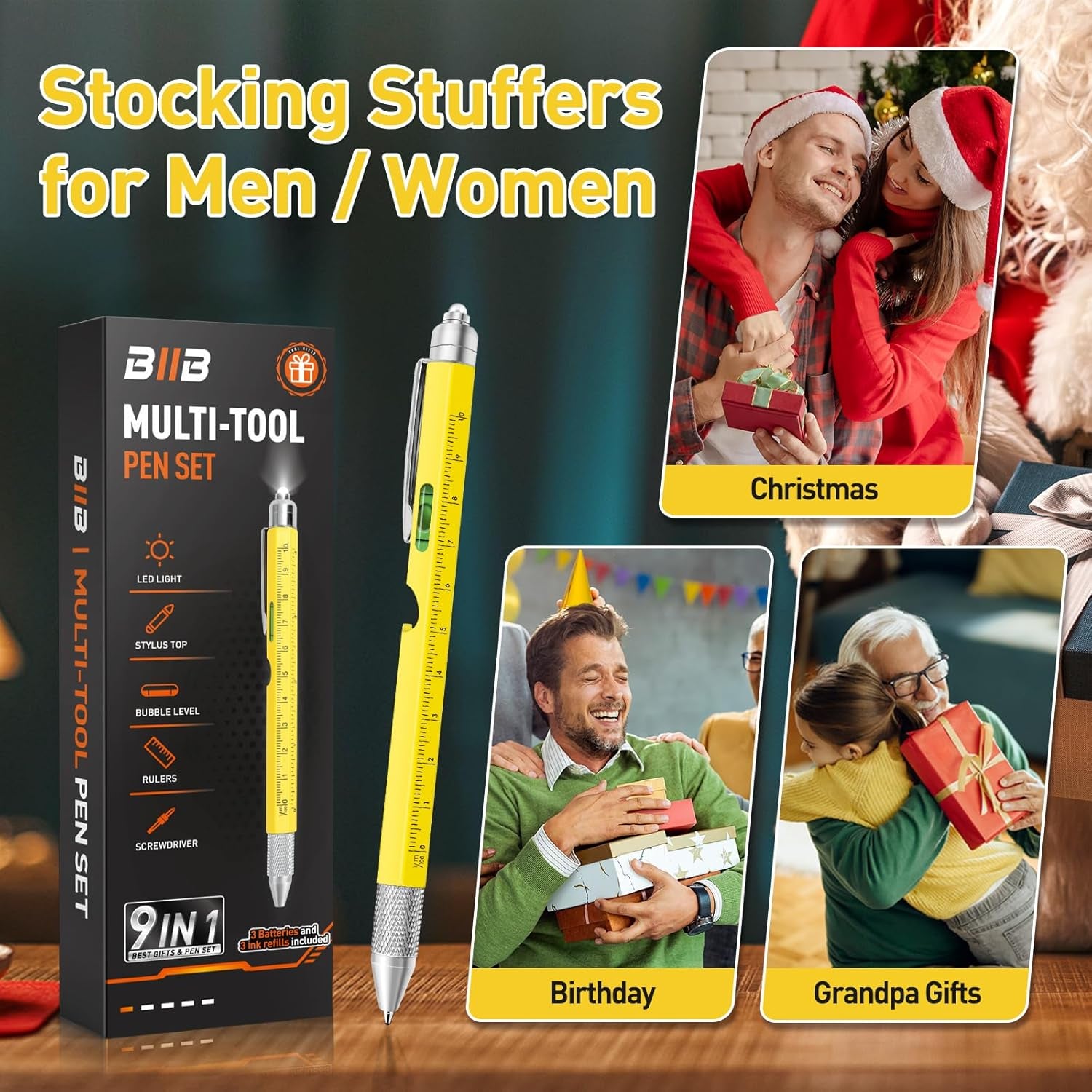 Stocking Stuffers for Adults Men, Gifts for Men, 9 in 1 Multitool Pen Mens Gifts for Christmas, Stocking Stuffers for Him, Gifts for Dad Him, White Elephant Gifts for Adults, Cool Gadgets for Men